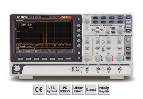 GW-INSTEK MDO-2102EX 100 MHz, 2-channel, Digital Storage Oscilloscope, Spectrum analyzer, dual channel 25 MHz AWG, 5,000 counts DMM and power supply