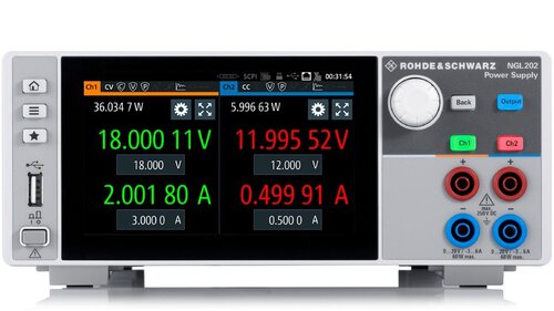 R&S NGL202-G Two-channel power supply, 0 V to 20 V, max. 6 A per channel, max. 120 W total, electronic load (max. 20 V / 3 A), USB/LAN and GPIB